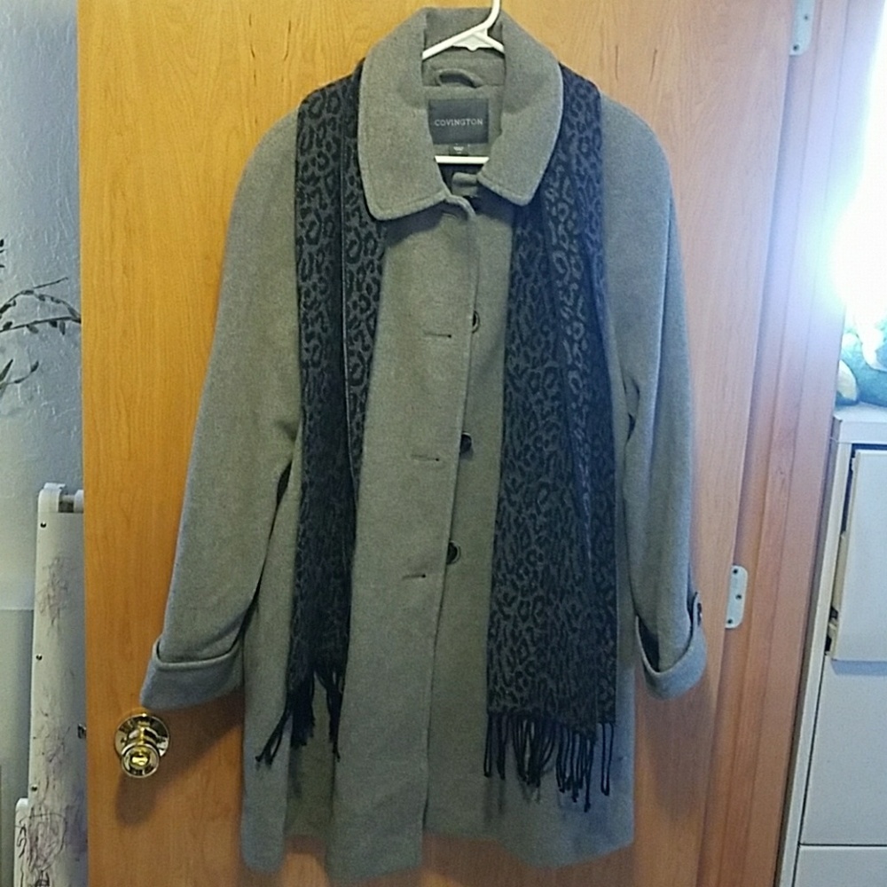 Gray pea coat with scarf